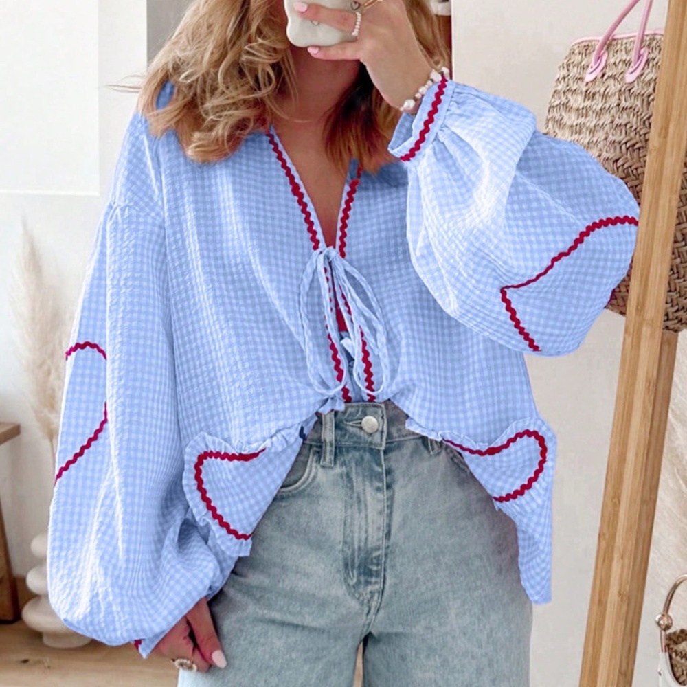 Med. Light Blue Med Gingham Long Sleeve Tie-Front Top with Red Heart Trim - Picture 2 of 6